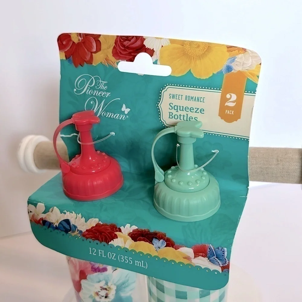 Pioneer Woman Plastic Dispenser Bottle Sweet Romance & Teal Check 2Pc Set New